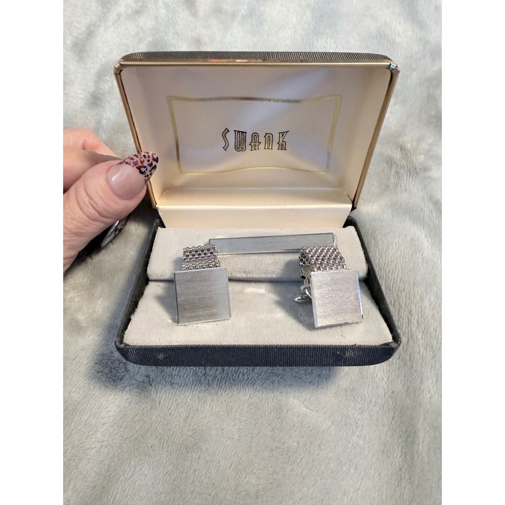 Vintage Swank Cufflinks Tie Bar Set Silver Tone Mesh Wrap MCM 1960s NOS Box